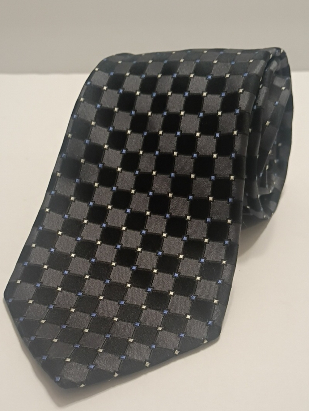 Mens Tie Black and Gray Checker Pattern 100% Silk  Paul Deone Extra large 66"